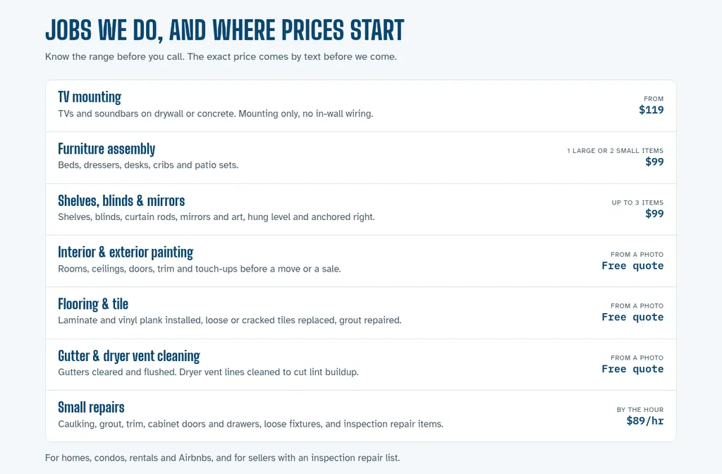 Breezeway Handyman services list with starting prices